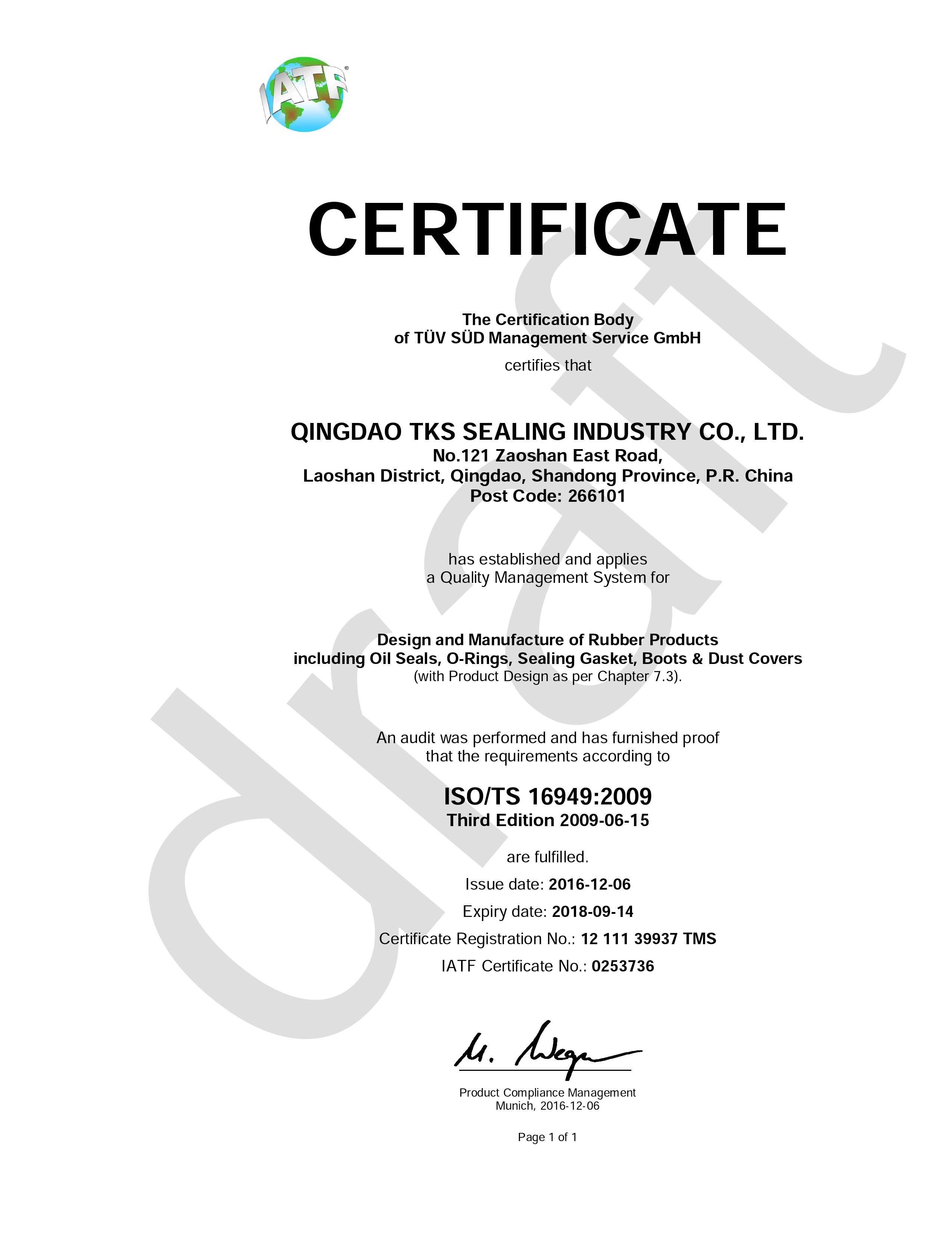 Porcellana Qingdao Global Sealing-tec co., Ltd Certificazioni